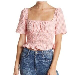 New BCBGeneration Smocked Gingham Top SZ L pink and white